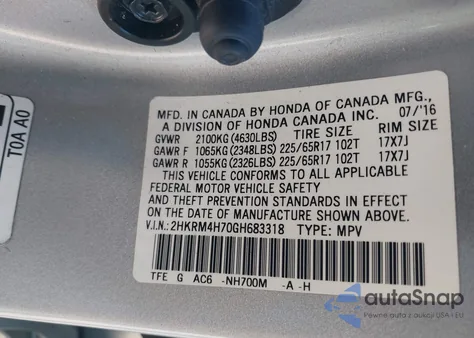 2016 Honda Cr-V Ex-L from USA, damaged, VIN 2HKRM4H70GH683318